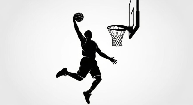 Dynamic basketball player silhouette executing slam dunk action near hoop  minimalism
