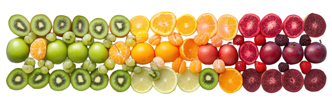 Colorful fresh fruits arranged in horizontal rows showcasing kiwi, citrus, grapes, and berries. Vibrant assortment of sliced and whole fruits on transparent background.