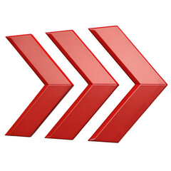 3d icon of three red arrows pointing forward, symbolizing progress, movement, and success in business or personal development, isolated on a transparent background