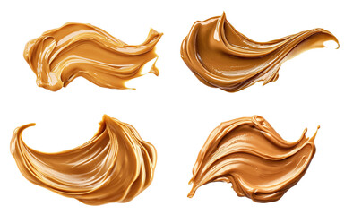 Smooth creamy peanut butter swirls isolated on black background. Rich textured nut spread in artistic flowing shapes. Delicious peanut butter dollops perfect for food and cooking concepts.