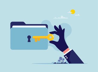Concept of cybercrime or stealing of private data concept, theft steal private data, hand with key open huge folder with personal information
