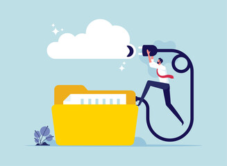 Connect to cloud computing concept, technology to share secured file and working, upload and download files, businessman connect network line with cloud computing