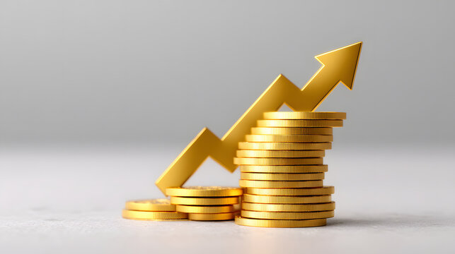 Stacked golden coins forming an upward arrow for investment growth