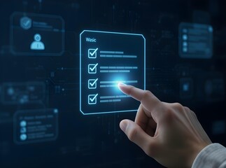 Futuristic holographic digital checklist interface with glowing blue elements and user interaction 10