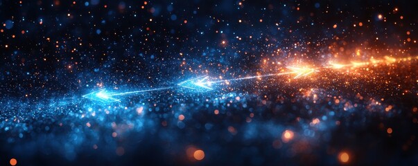 Fototapeta premium Abstract illuminated blue and orange glowing arrows on a dark background