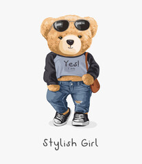stylish girl slogan with cute girlish bear doll in blue jeans and sunglasses vector illustration