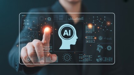Businessman touching a futuristic screen displaying artificial intelligence brain icon with data charts and network connections