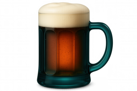 Dark beer pouring into green glass mug, creating frothy head, isolated on transparent background, ideal for beverage marketing
