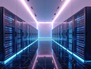 Luxurious tech room filled with AI servers and soft neon glow 