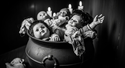 Witch’s cauldron filled with doll parts, Halloween theme