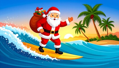 Santa surfing a wave, tropical sunset