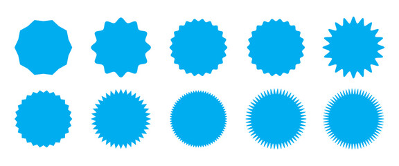 Set Blue Starburst sunburst shape, Set Blank price, sale, discount stickers, Circle sticker set, Star burst shape tags for price, Flat vintage labels.