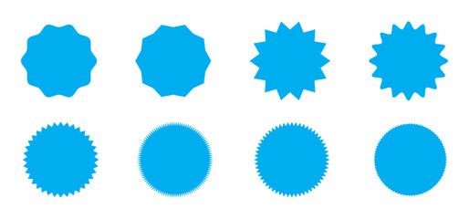 Sunburst sticker shapes. Rounded starburst zigzag badge, spiky oval, circle and star shaped price tag, discount and sale label stickers. Jagged silhouettes vector set.