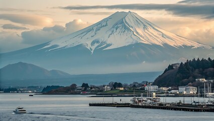 Majestic snow capped volcano dominates the horizon above a tranquil bay with a charming coastal town and boats