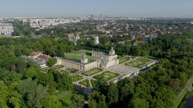 Panoramic view of Royal Wilanow district and metropolitan Warsaw city center in Poland with Wilanow Royal Palace of king Jan III Sobieski with surrounding garden and park 
