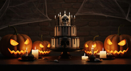 Halloween cake with burning candles and pumpkins on dark background. Halloween background with pumpkin, skull and candles. Halloween concept.