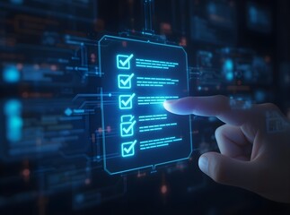 Futuristic holographic digital checklist interface with glowing blue elements and user interaction 8