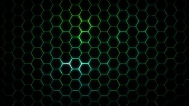 shiny metallic honeycomb grid of glowing teal, green, blue aluminium metal with a science and technology moody theme and dark vignette lighting effect 4K