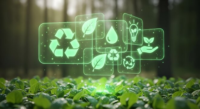 Eco-Friendly Icons with Recycling Symbol in Green Forest