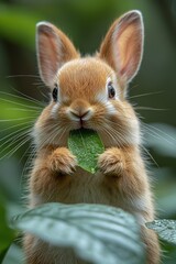 Fototapeta premium Adorable bunny munching on a green leaf in a natural setting