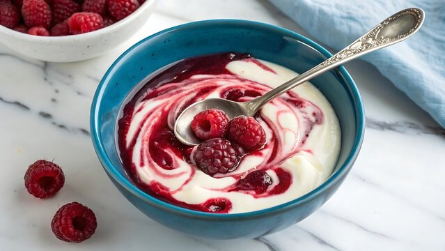 A deliciously swirled bowl of creamy yogurt topped with fresh raspberries and a rich berry compote