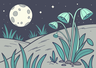 Alien landscape with moon and glowing flowers at night