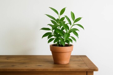 Obraz premium A lush green plant thrives in a rustic terracotta pot on a simple wooden table, set against a pristine white wall