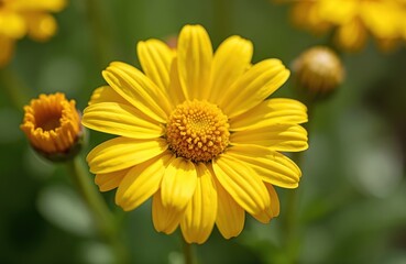 Macro shot of vibrant yellow Hieracium flower in garden setting. Detailed petals, center in sharp focus against soft green bokeh background with blurred bud nearby. Sunlight illuminates bloom,