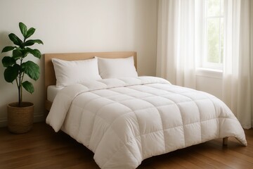 Obraz premium A Serene Bedroom with a Plush White Comforter and a Touch of Nature