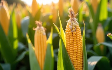 Closeup of Freshly Harvested Corn Ears Glimmering in Sunlight with Lush Green Leaves. High quality