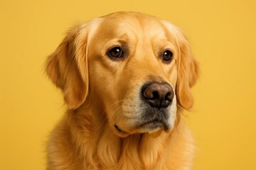 A golden retriever's calm demeanor against a vibrant yellow backdrop