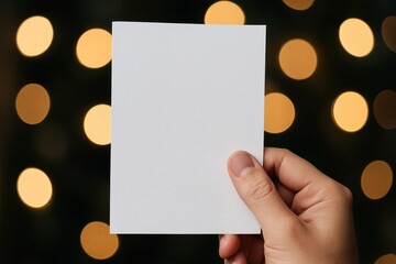 Obraz premium A hand holds a blank white card against a bokeh background of warm orange lights