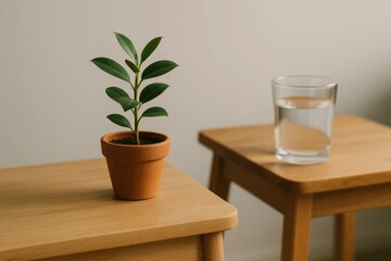 Fototapeta premium A solitary plant thrives on a wooden table, accompanied by a glass of water, symbolizing peace and hydration