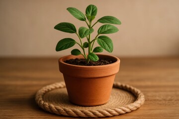 Obraz premium A New Potted Plant Sits on a Cozy Woven Mat