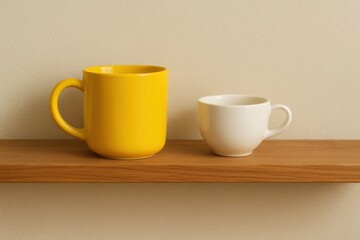 Fototapeta premium A pair of ceramic mugs, one yellow and one white, rest on a wooden shelf against a patterned wall