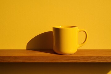 Fototapeta premium A solitary yellow mug rests on a wooden shelf against a vibrant yellow backdrop, casting a soft shadow that adds depth and contrast to the scene
