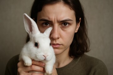 Naklejka premium A woman shares a moment with her pet rabbit