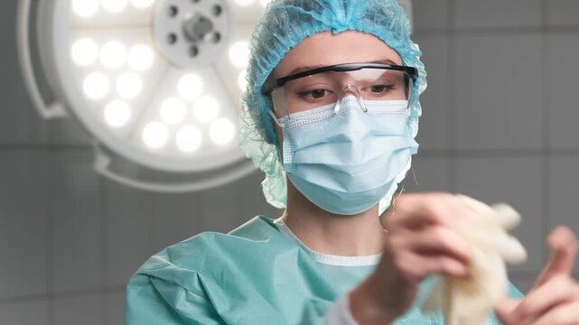 A female doctor in a surgical gown removes gloves and protective gear, demonstrating dedication to her work and professionalism in the healthcare field.