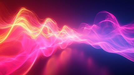 Abstract glowing pink and yellow waves flow across a dark background.