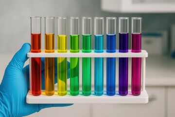 A scientist's hand holds a colorful array of test tubes in a laboratory setting