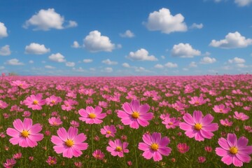 Obraz premium A vibrant field of pink cosmos flowers under a clear blue sky dotted with fluffy white clouds