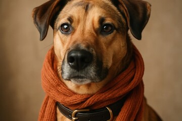 Obraz premium A brown dog with a gentle expression, wrapped in an orange scarf, sits against a soft beige backdrop