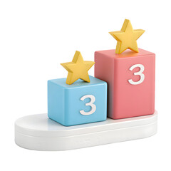 3d icon of a podium with three steps, each topped with a gold star and a number indicating its place, isolated on a transparent background
