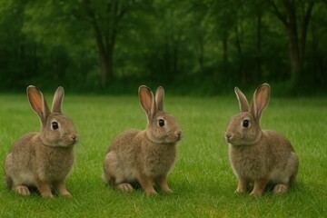 Obraz premium Three young rabbits in a serene meadow, their curious eyes gazing into the distance