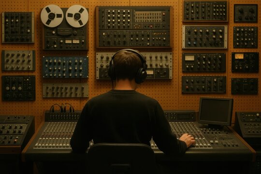 An individual immersed in the world of music production, surrounded by a labyrinth of vintage audio equipment