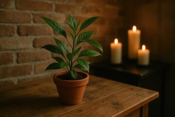 A serene indoor setting with a potted plant on a wooden table, accompanied by three lit candles casting a warm glow against a rustic brick wall