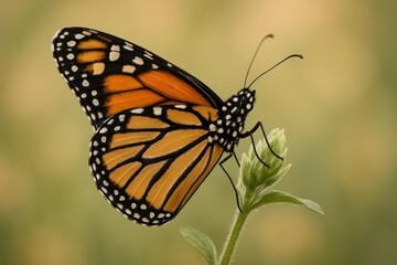 Fototapeta premium Amidst the soft hues of nature, a monarch butterfly rests on a delicate green leaf, embodying the beauty and resilience of life