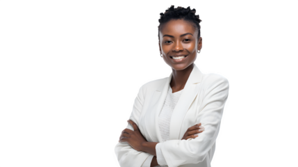 African businesswoman smiling in white suit on a white background
