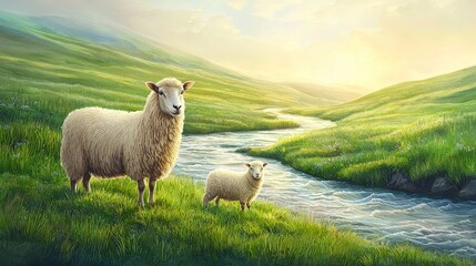 Obraz premium Serene river flowing through open plain with sheep rural landscape nature photography early morning light