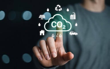 Man touching virtual CO2 cloud icon for carbon neutrality concept. ESG, clean energy, and sustainable development for reducing emissions.